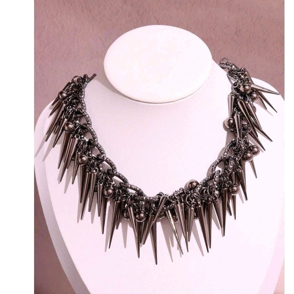 Gunmetal Spike and Ball Fringe Statement Necklace Punk Goth Industrial Edgy
